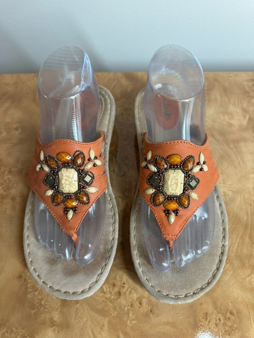 Clarks Artisan Orange Leather Beaded Thong Sandals Comfort Wedge 8M